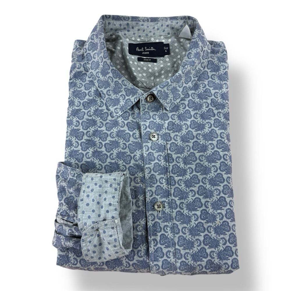 Paul Smith Jeans Blue Abstract Cotton Button Up Shirt Men's Size XL Slim Fit